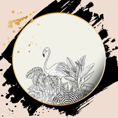 Hello Summer card, Hand drawn flamingo and tropical plants, vector