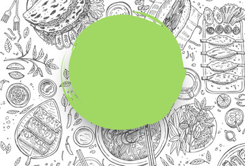 Food banner, Hand drawn top view traditional Vietnamese food, Vector Illustration