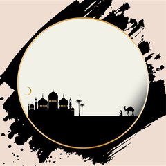 Ramadan kareem greeting card with mosque and prayer, vector