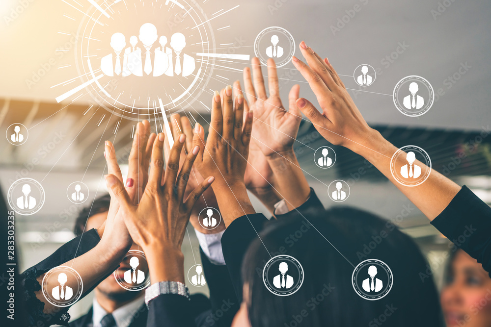 Poster human resources recruitment and people networking concept. modern graphic interface showing professi