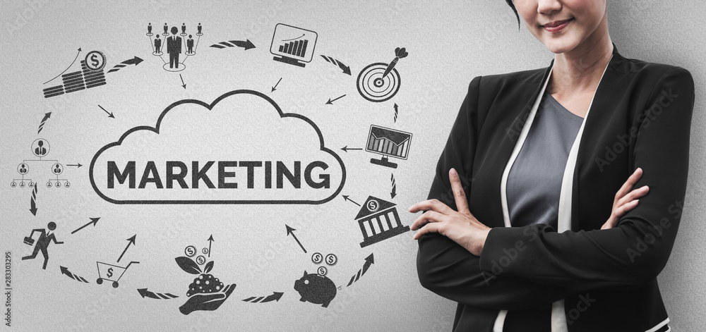 Poster digital marketing technology solution for online business concept - graphic interface showing analyt
