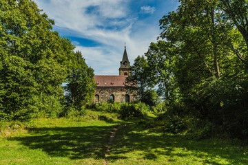 Krasikov, Kokasice / Czech Republic - August 9 2019: View of the old church of Mary Magdalene through green trees. Bright sunny summer day with blue sky and white clouds.