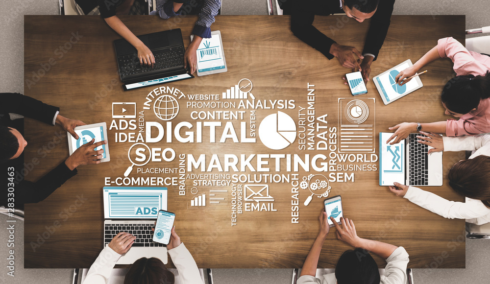 Poster digital marketing technology solution for online business concept - graphic interface showing analyt