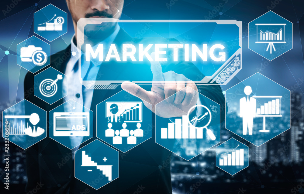 Poster digital marketing technology solution for online business concept - graphic interface showing analyt