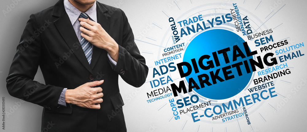 Poster digital marketing technology solution for online business concept - graphic interface showing analyt