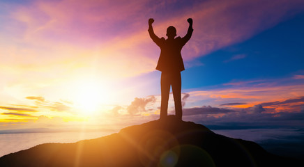 Achievement and Business Goal Success Concept - Creative business people with icon graphic...