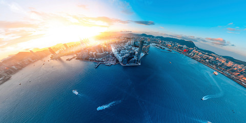 Panorama aerial view of Hong Kong in eastern Victoria Harbor.