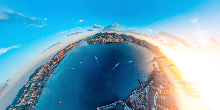 Panorama aerial view of Hong Kong in eastern Victoria Harbor. © YiuCheung