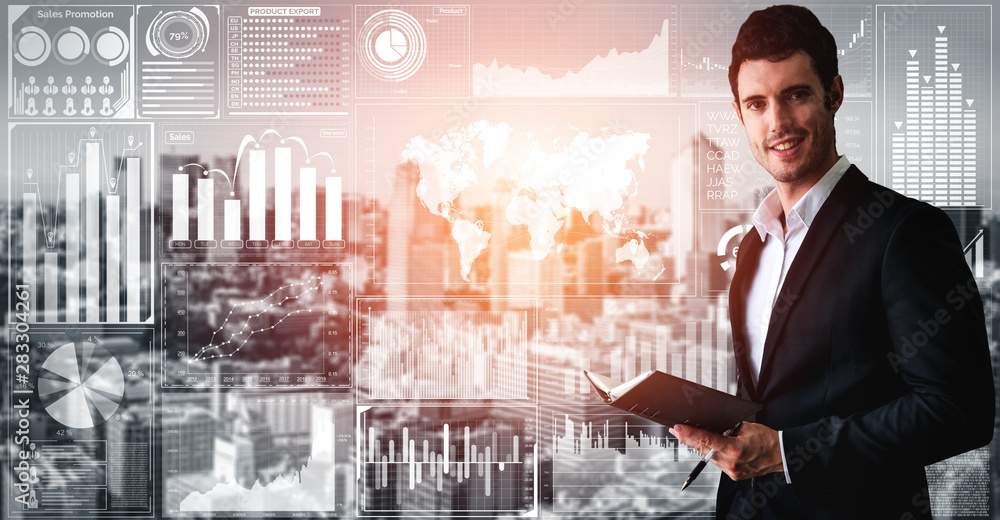 Poster data analysis for business and finance concept. graphic interface showing future computer technology
