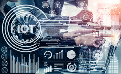 Internet of Things and Communication Technology Concept - Modern graphic interface showing smart information and digital lifestyle in application software for home and business use.