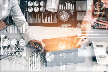 Big Data Technology for Business Finance Analytic Concept. Modern graphic interface shows massive...