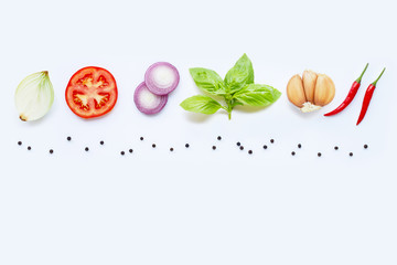 Various fresh vegetables and herbs on white background. Food and cooking ingredients,