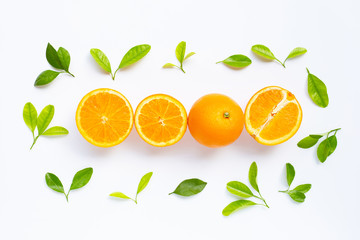 High vitamin C, Juicy and sweet. Fresh orange fruit with green leaves  on white.