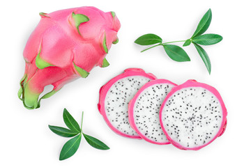 Dragon fruit, Pitaya or Pitahaya with leaf isolated on white background. Top view. Flat lay