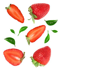 Strawberries decorated with green leaves isolated on white background with copy space for your text. Top view. Flat lay pattern