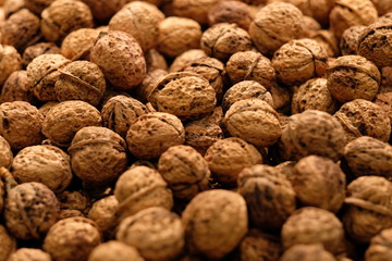 close up heap of brown walnuts. Blur background