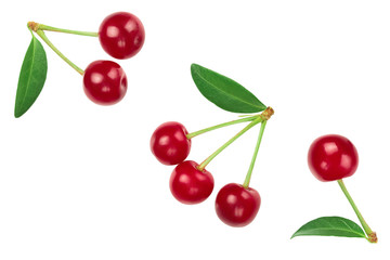 Some cherries with leaf closeup isolated on white background. Top view. Flat lay.