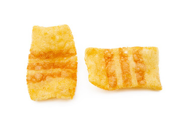 Fried wheat potato snack with smoked bacon flavor isolated on white background