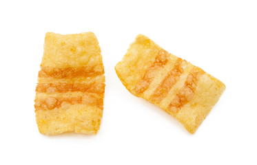 Fried wheat potato snack with smoked bacon flavor isolated on white background