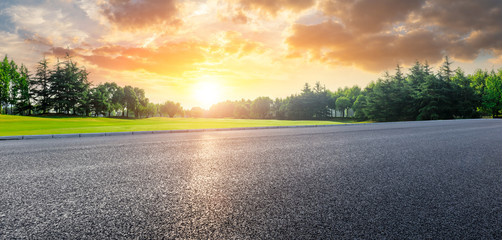 Country road and green woods nature landscape at sunset