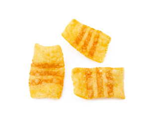 Fried wheat potato snack with smoked bacon flavor isolated on white background