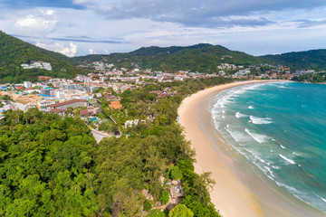 Tropical sea sandy beaches with wave crashing on sandy shore Aerial shooting of beaches at Phuket Thailand