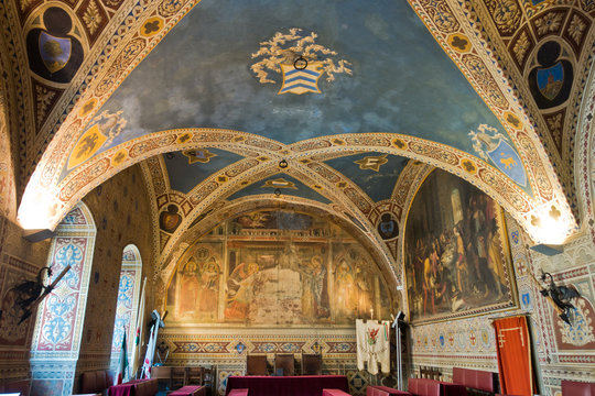 Interior of Priori Pallace, magnificent architecture of city council hall in Volterra, Tuscany, Italy