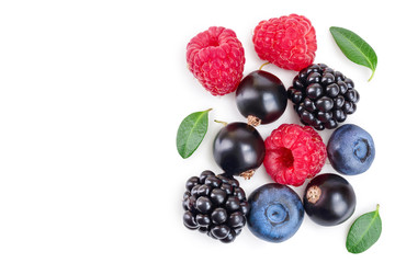 blackberry blueberry raspberry black currant isolated on white background with copy space for your text. Top view. Flat lay pattern