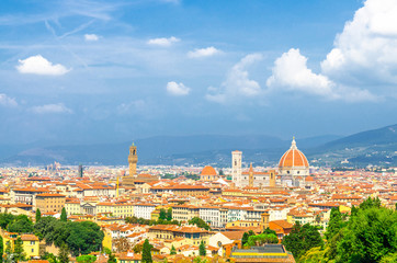 Top aerial panoramic view of Florence city with Duomo Cattedrale di Santa Maria del Fiore...