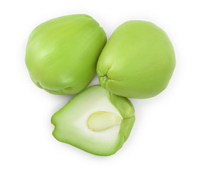 fresh Chayote vegetable isolated on white background. Top view. Flat lay