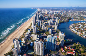 Aerial view of hotels and beach in Surfers Paradise, Queensland, Australia