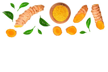 Turmeric powder and turmeric root isolated on white background with copy space for your text. Top view. Flat lay