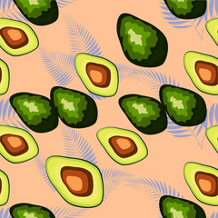 Tropical leaves and fruit avocado pattern. Seamless tropical wild flora with avocado fruit.