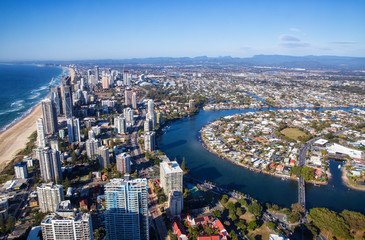 Fototapeta na wymiar Aerial view of hotels and beach in Surfers Paradise, Queensland, Australia