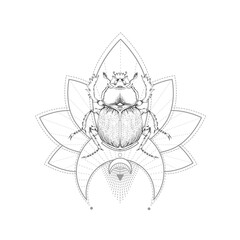 Vector illustration with hand drawn scarab and Sacred symbol on white background. Abstract mystic sign.