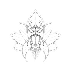 Vector illustration with hand drawn stag beetle and Sacred geometric symbol on white background. Abstract mystic sign.