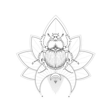 Vector illustration with hand drawn scarab and Sacred symbol on white background. Abstract mystic sign.