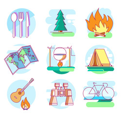 Modern linear pictogram of camping. Icons of camping. Firewood. Bicycle. Binoculars. Tourist map. Guitar. Tourist tent. Perfect for website, mobile apps, catalogue, booklet, promotional products