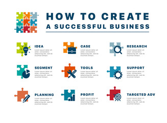 How to create a successful business. Puzzle infographics creating a successful business. Template business infographics for your successful business project. Modern business infographic puzzle. Vector