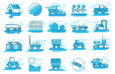 Modern linear pictogram of farming and growing grain. Icons of farming and growing grain. Tractor. Combine harvester. Farm. Perfect for website, mobile apps, catalogue, booklet, promotional products