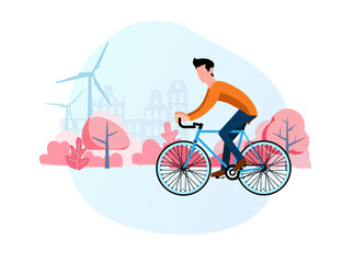 The young man on bicycle character looking forward, side view. The man riding a bicycle in the city background. Flat active male enjoying a bike ride in the park. Healthy lifestyle. Eco transportation