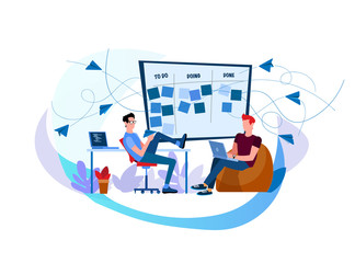 Streamline business processes with workflows. CRM. Discussing tasks at Kanban board. Scrum meeting. Setting goals. Business conversation. Two workers work on laptops. Two engineers perform tasks