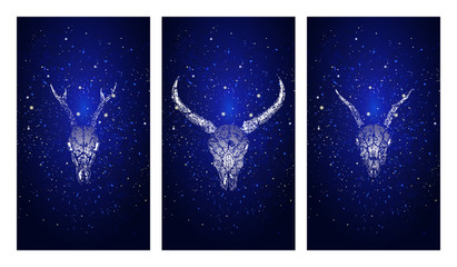 Vector set of three illustrations with silhouettes skulls roe deer, wild buffalo and goat on blue starry sky background.