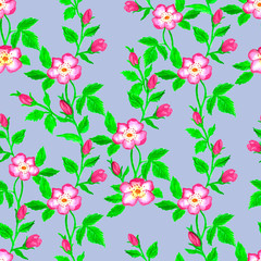 Wild roses watercolor seamless pattern. Flowers, leaves. Floral background. Fabric design, wallpaper