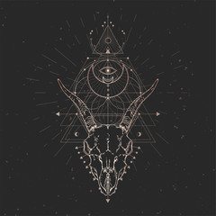 Vector illustration with hand drawn Goat skull and Sacred geometric symbol on black vintage background. Abstract mystic sign.