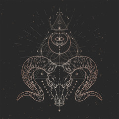 Vector illustration with hand drawn Wild ram skull and Sacred geometric symbol on black vintage background. Abstract mystic sign.