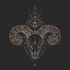 Vector illustration with hand drawn Ram skull and Sacred geometric symbol on black vintage background.