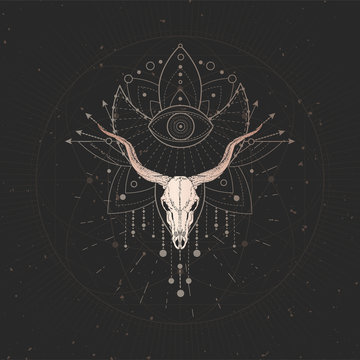 Vector illustration with hand drawn Antelope skull and Sacred geometric symbol on black vintage background. Abstract mystic sign.