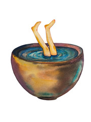 Love of tea . Man drowning in tea. Green Tea illustration.