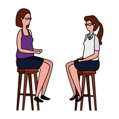 elegant businesswomen seated in benchs